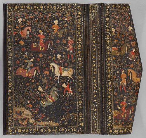  Closed bookbinding, dark brown leather with thin gold boarder with gold floral design; painted with a forest-scene filled with hunting horsemen, hounds, falcons, deer, ducks, and a lone musician on front cover and flap.   